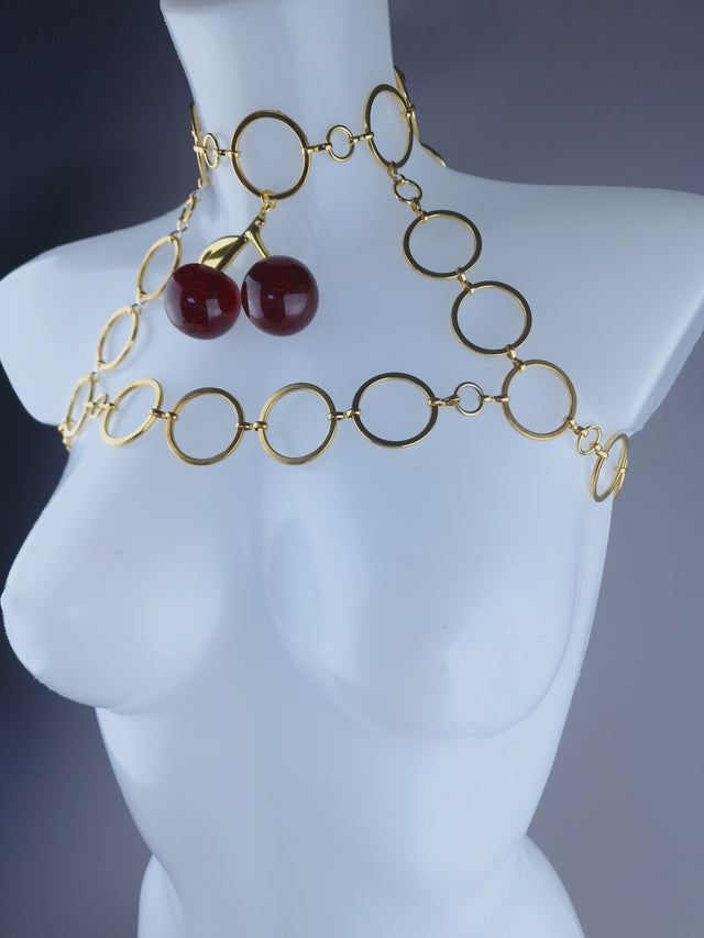 "Pop my Cherry" Unisex Gold Ring & Cherry Jewellery Harness