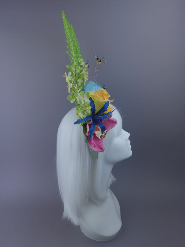 Pearls & Swine: Maximalist Floral Horn Headpiece with Bees "Fae"