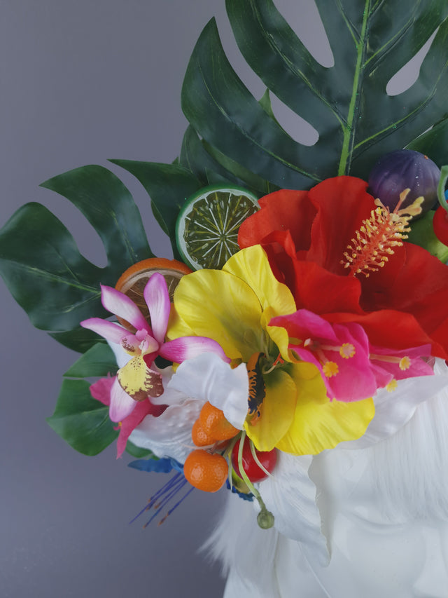 Pearls & Swine: Maximalist Tropical Floral Headpiece with Dinosaur "Jungle Boogie"