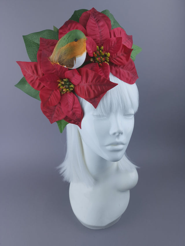 Large Red Poinsettia & Robin Xmas Headdress