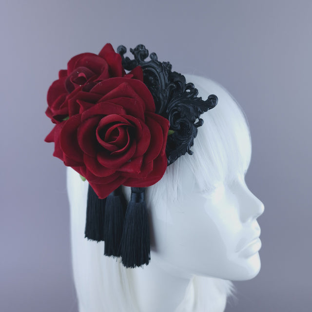 "Lola" Red Rose, Filigree & Tassle Mini Fascinator