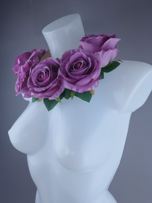 "Mavis" Pink/Purple Rose Flower Headdress & Neckpiece