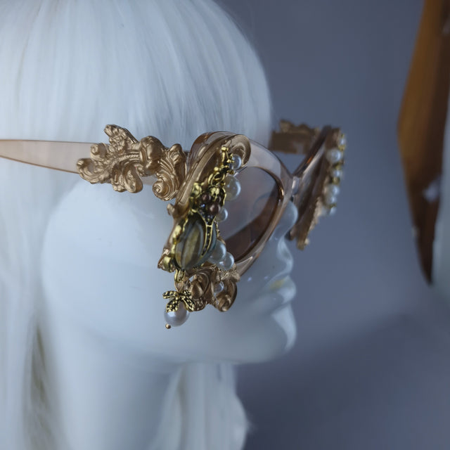 "Elytron" Gold Filigree, Beetle & Pearls Ornate Sunglasses