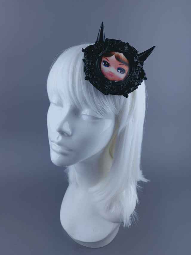 "Little Devil" Black Filigree Bradley Doll Face Mini Fascinator with Horns