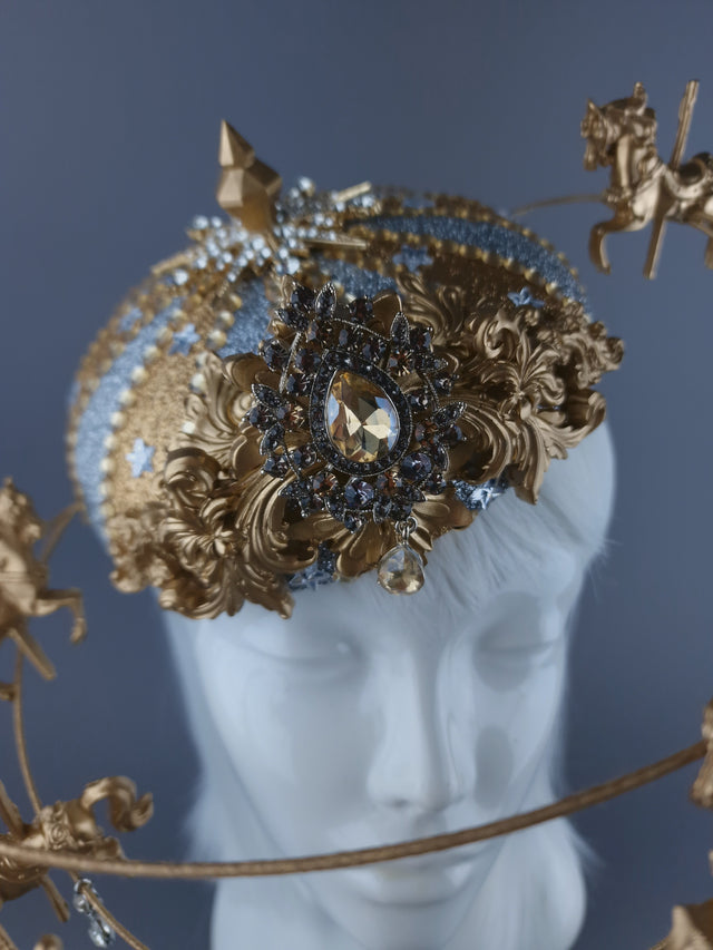 "Cirque Forever" Gold & Silver Circus Carousel Wired Veil Hat