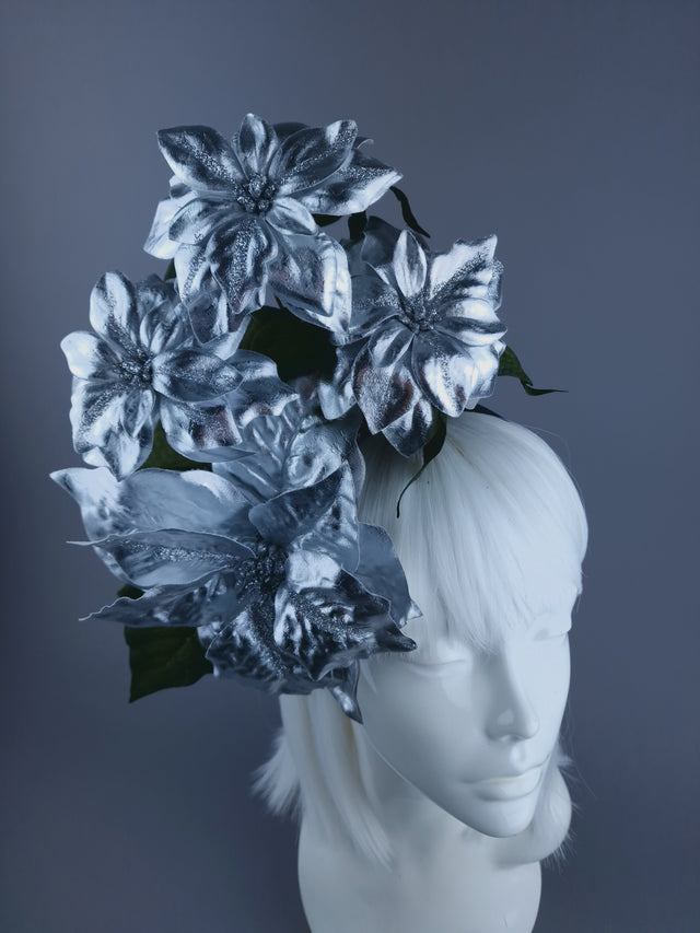 Metallic SIlver Poinsettia Xmas Headdress