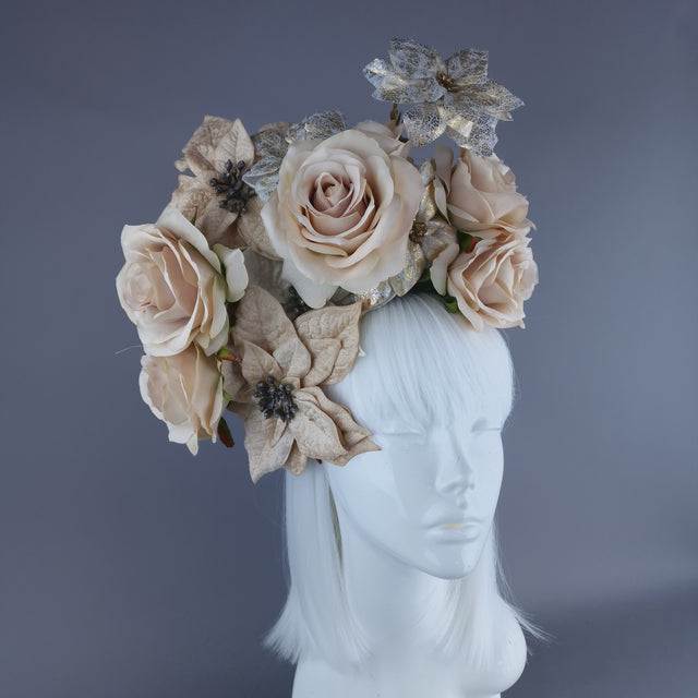 "Bernia" Beige & Gold Rose & Poinsettia Flower Headdress