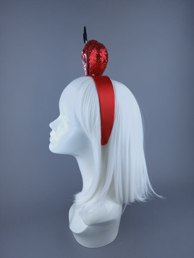 "Crush" Red Glitter Heart with Embroidery Face Headdress