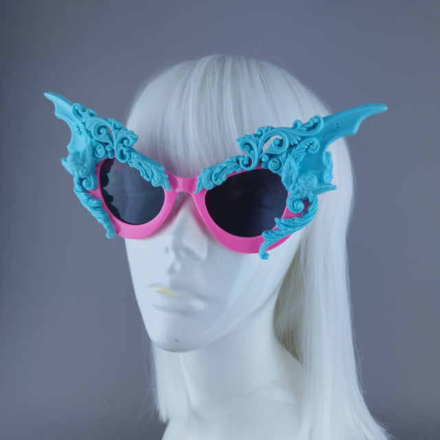 "Bathory" Pink & Blue Filigree Ornate Bat Wing & Cherub Sunglasses