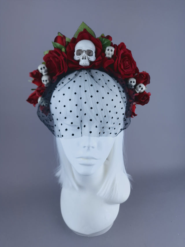 "Dearly Beloved" Red Rose, Skull Veil Headdress