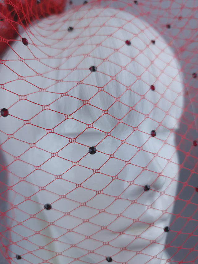 "Accro Aux Cerises" Large Red Glitter Cherries Crystal Veil Headpiece