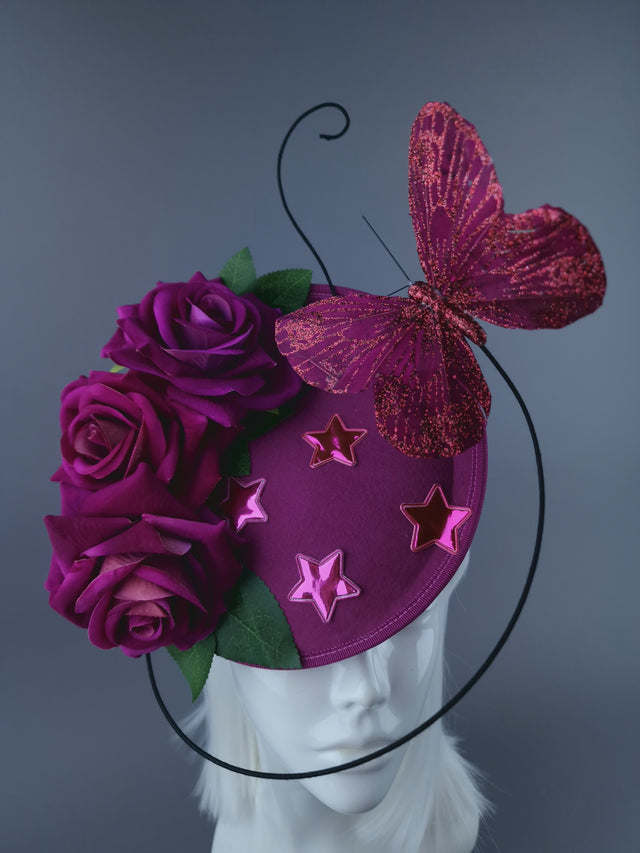 "Emily" Cerise Rose, Stars & Butterfly Fascinator Hat