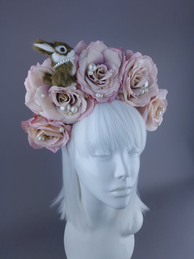 "Hoppit" Bunny Rabbit, Pearls & Pink Roses Headpiece