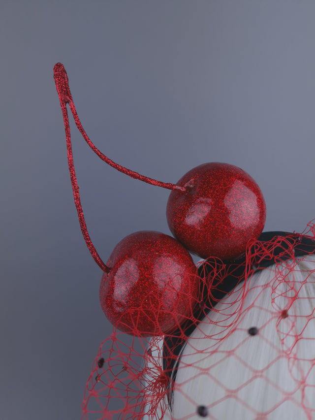 "Accro Aux Cerises" Large Red Glitter Cherries Crystal Veil Headpiece