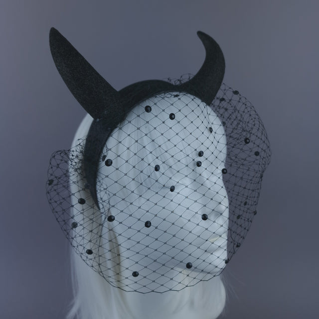 Pearls & Swine: Large Black Glitter Devil Horn Veil Headpiece "Hot Stuff"