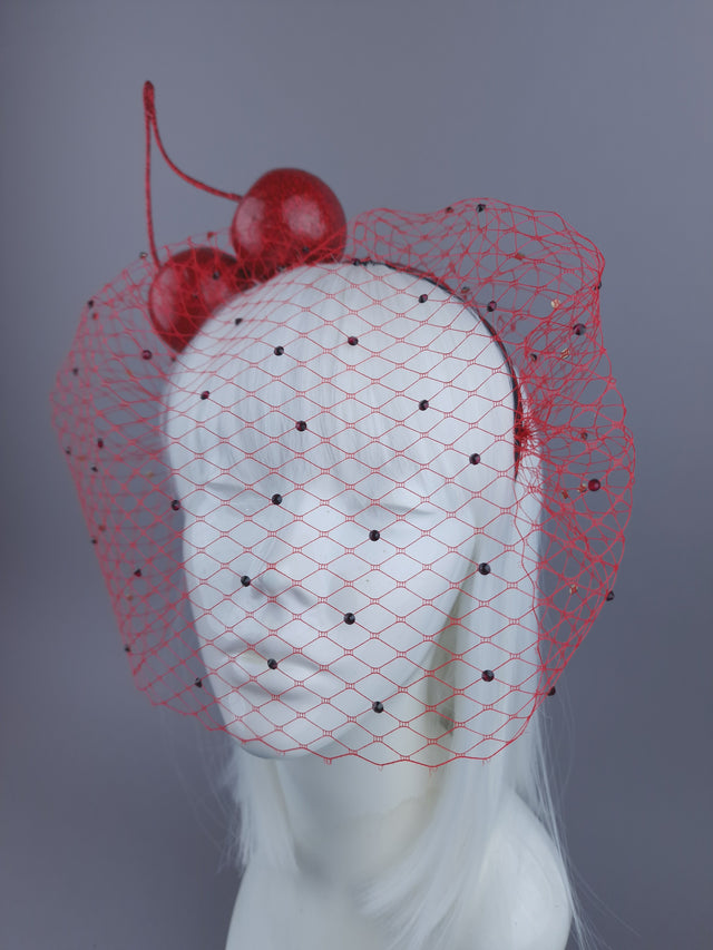 "Accro Aux Cerises" Large Red Glitter Cherries Crystal Veil Headpiece