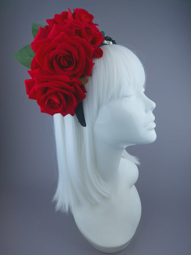 Pearls & Swine: Red Rose, Pearls & Skeleton Headband Headpiece "Buried"