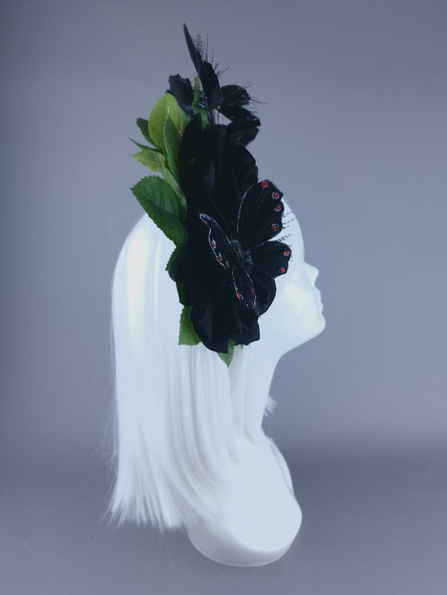 "Devaki" Black Rose & Butterfly Flower Headdress