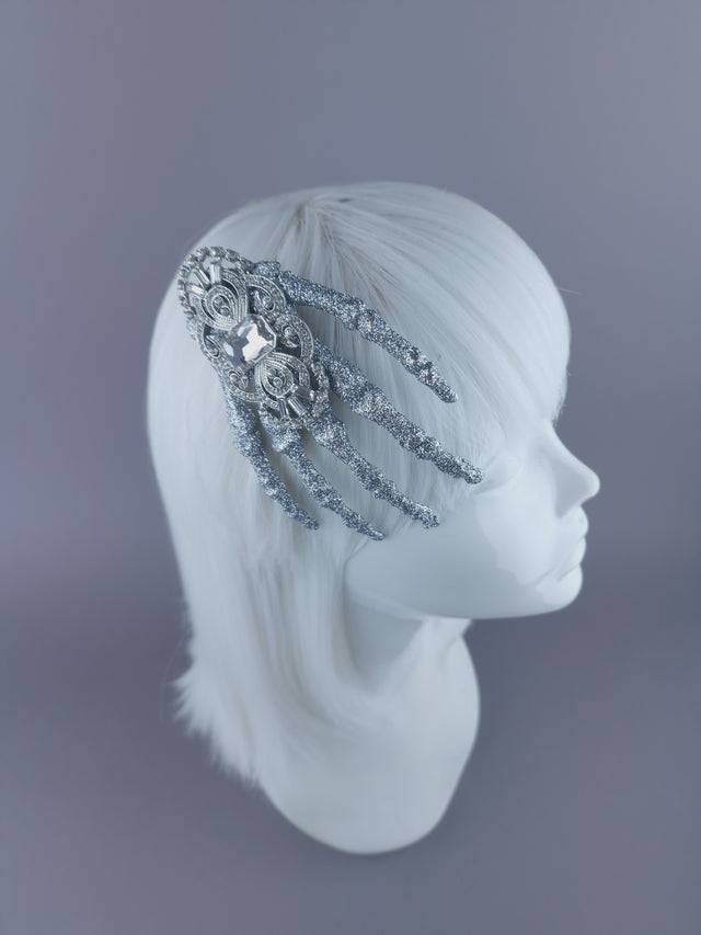 "Dust to Dust" Jewelled Glitter Skeleton Hand Mini HeadpieceI