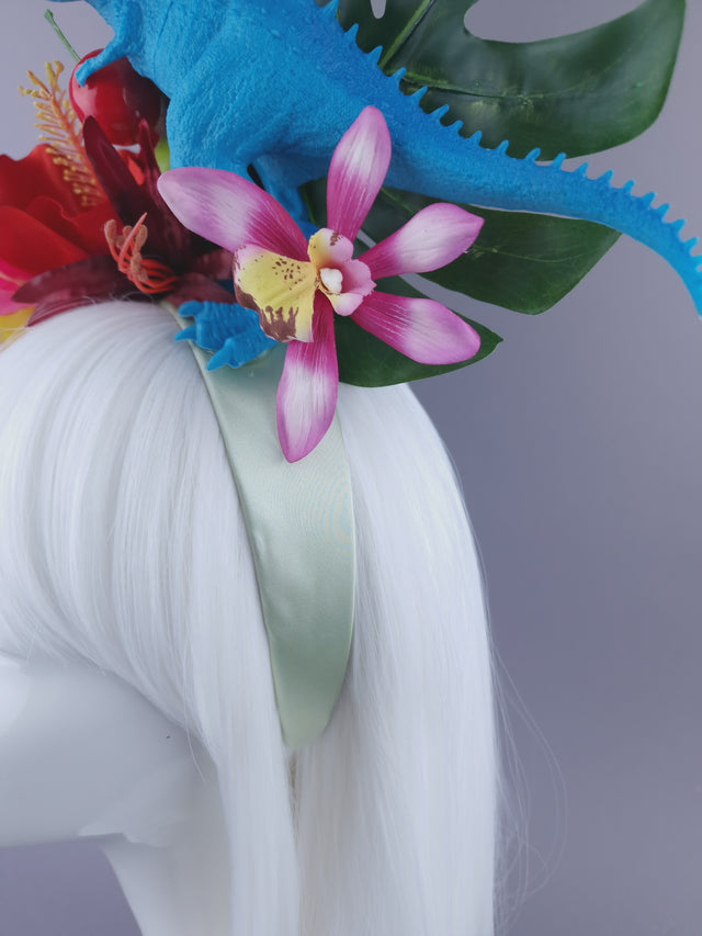 Pearls & Swine: Maximalist Tropical Floral Headpiece with Dinosaur "Jungle Boogie"