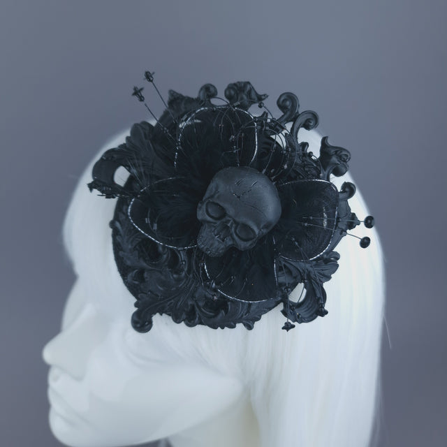Pearls & Swine: Black Skull & Filigree Mini Fascinator "Noire"