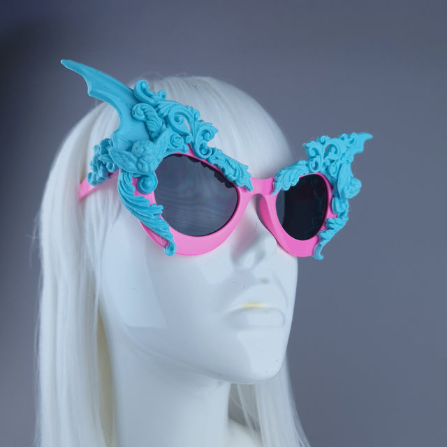 "Bathory" Pink & Blue Filigree Ornate Bat Wing & Cherub Sunglasses