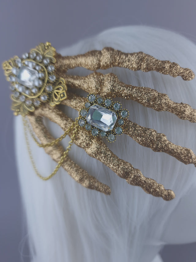 "Dust to Dust" Jewelled Glitter Skeleton Hand Mini Headpiece