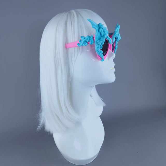 "Bathory" Pink & Blue Filigree Ornate Bat Wing & Cherub Sunglasses