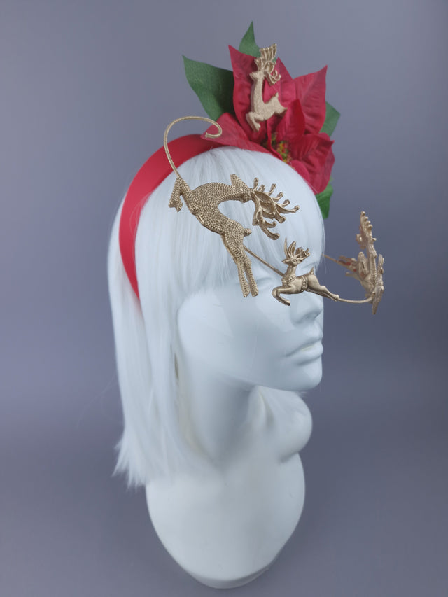 Red Poinsettia & Reindeer Xmas Headdress