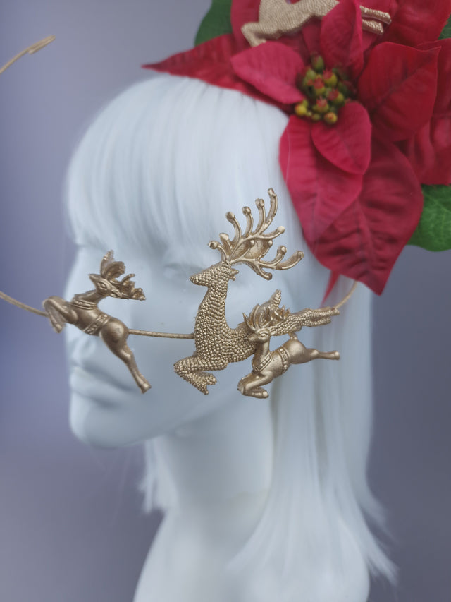 Red Poinsettia & Reindeer Xmas Headdress