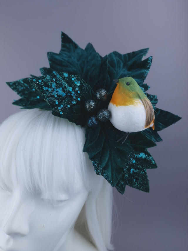 Large Velvet Poinsettia & Robin Xmas Headdress