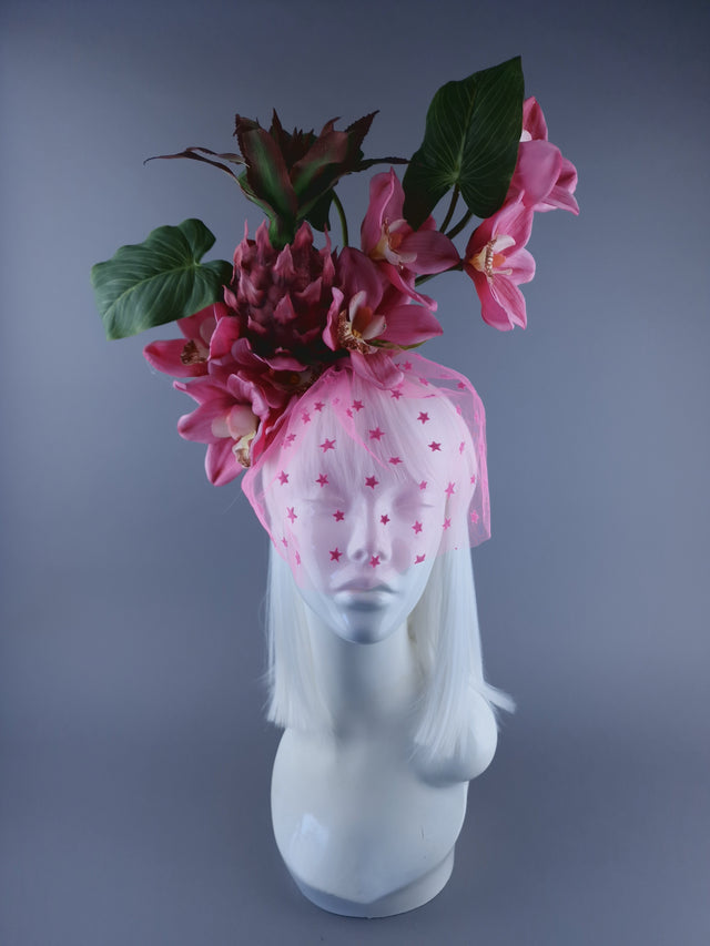 "Anona" Pink Pineapple, Orchid & Star Veil Headdress