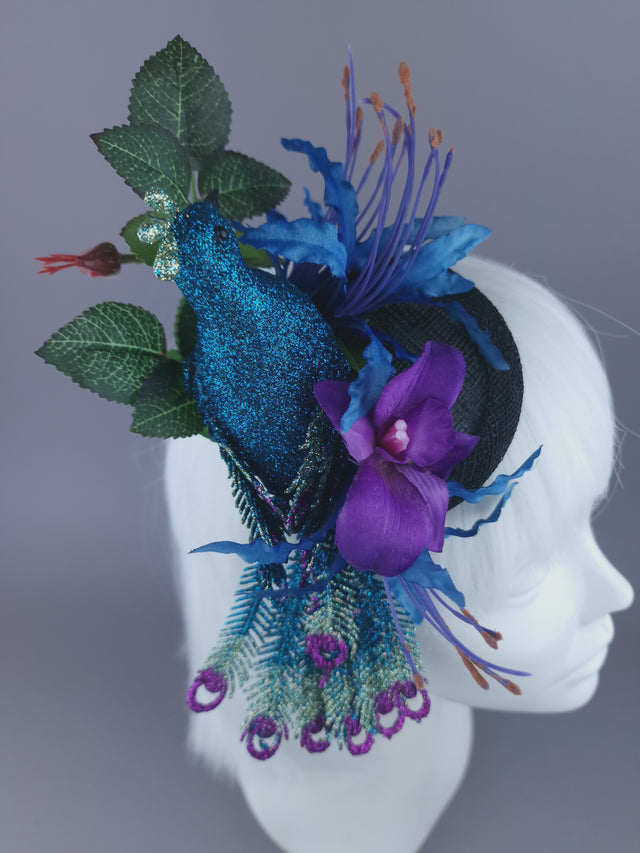 "Sumaru" Glittered Peacock & Flowers Mini Fascinator