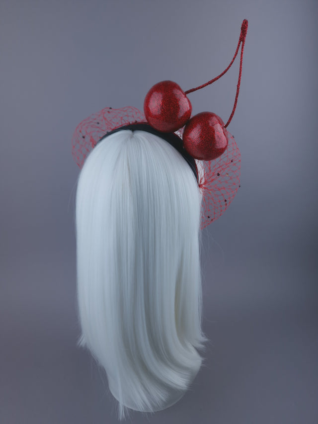 "Accro Aux Cerises" Large Red Glitter Cherries Crystal Veil Headpiece