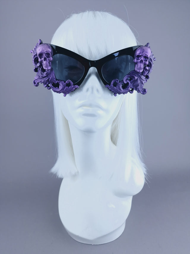 "Goth AF" Purple Black Filigree & Skulls Catseye Sunglasses