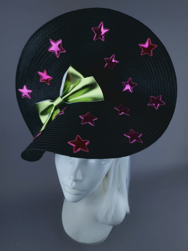 "Twinx" Green Bow with Pink Stars Black Hat