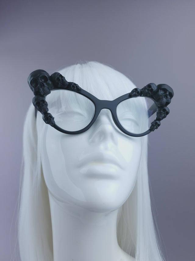 Pearls & Swine: Black Skull Cateye Sunglasses with Clear or Prescription Lenses