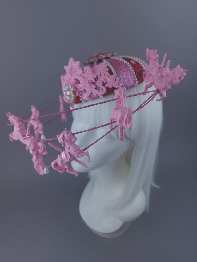 Pearls & Swine: Pink & Red Circus Carousel Wired Veil Hat "Cirque Forever"