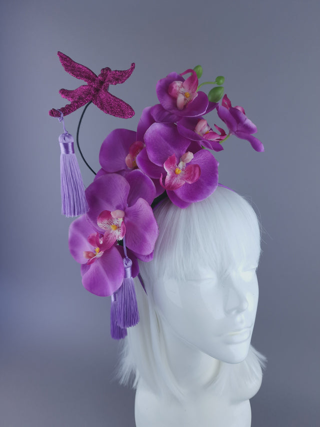"Lanfen" Pink Purple Orchid, Dragonfly & Tassel Headdress