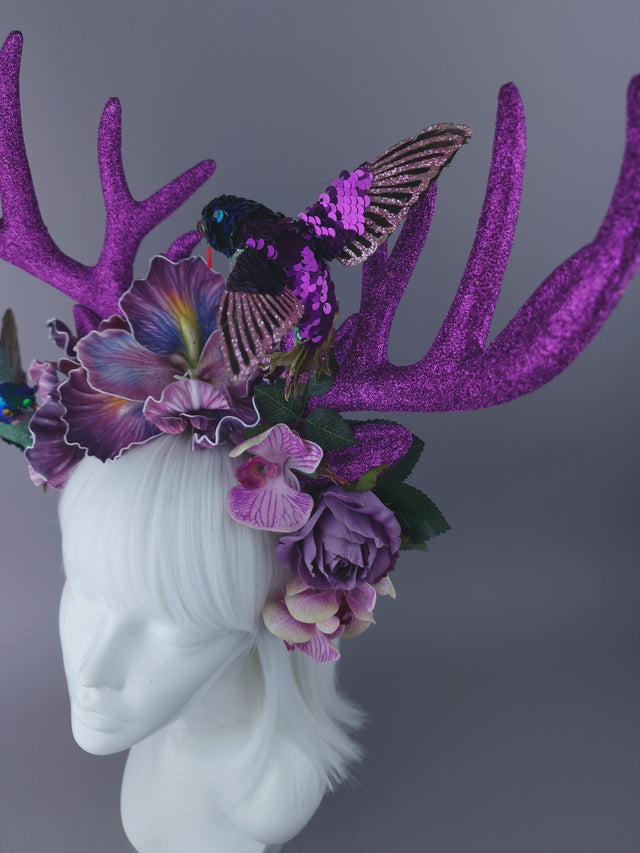 Pearls & Swine: Maximalist Purple/Pink Floral Deet Horn Headdress with Hummingbirds