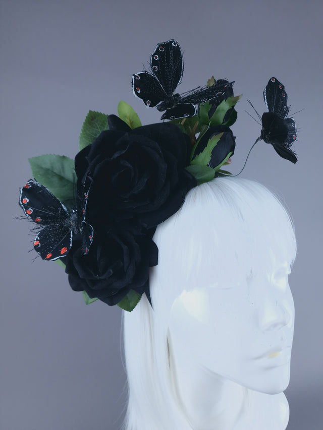 "Devaki" Black Rose & Butterfly Flower Headdress