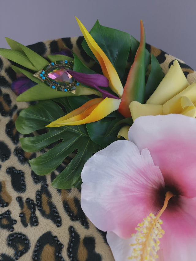 Pearls & Swine: Bespoke Commission Tropical Flower Leopard Print Hat