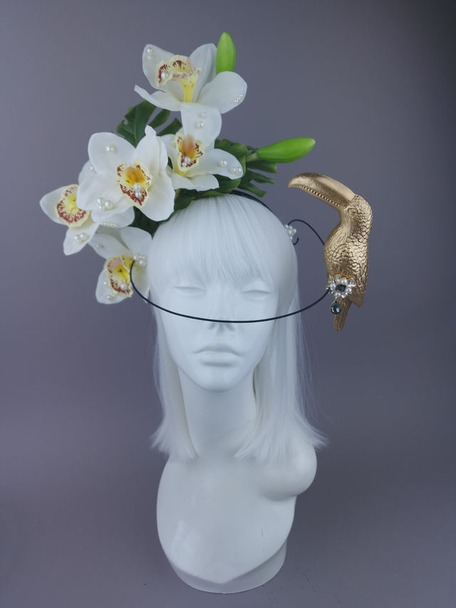 Pearls & Swine: Maximalist Ivory Orchid Floral Headpiece with Toucan