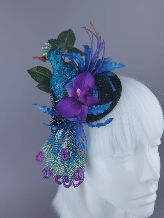 "Sumaru" Glittered Peacock & Flowers Mini Fascinator