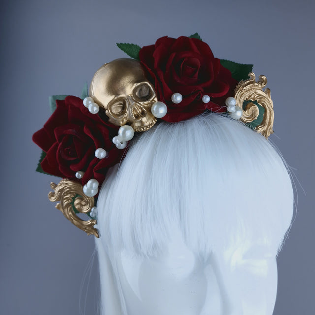 "Erela" Skull, Filigree & Red Rose Headpiece