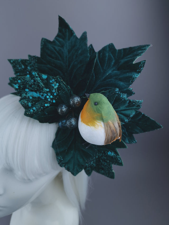 Large Velvet Poinsettia & Robin Xmas Headdress