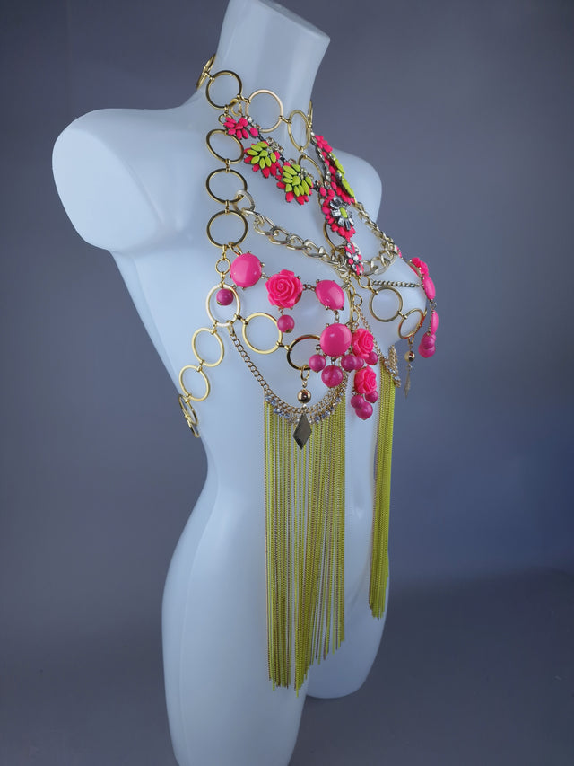 "Hermia" Neon Yellow & Pink Jewel & Chain Harness