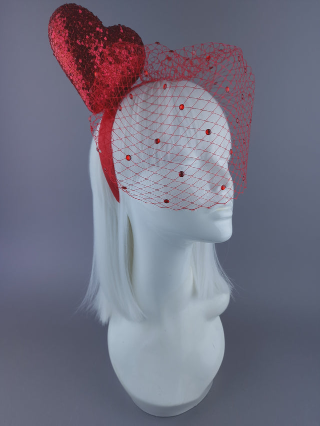 "Diletta" Red Glitter Heart Veil Headdress