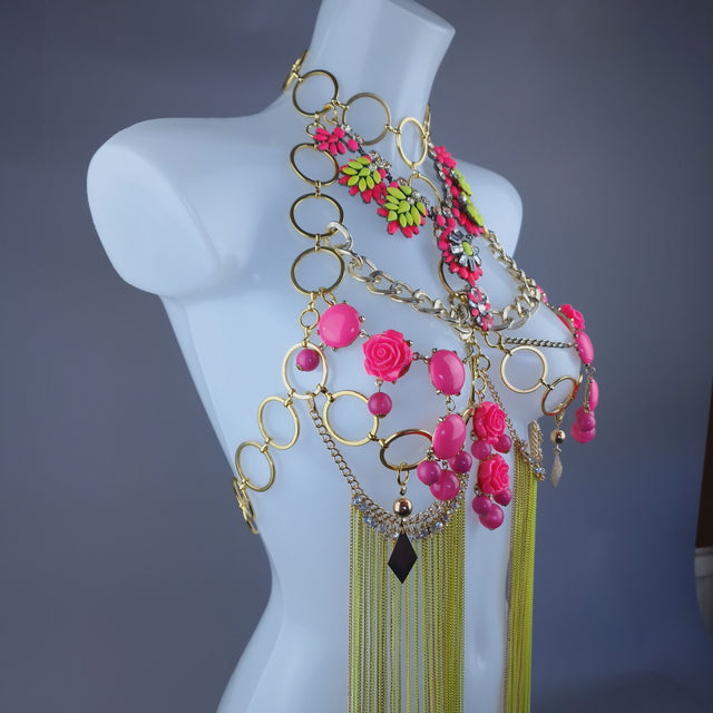 "Hermia" Neon Yellow & Pink Jewel & Chain Harness