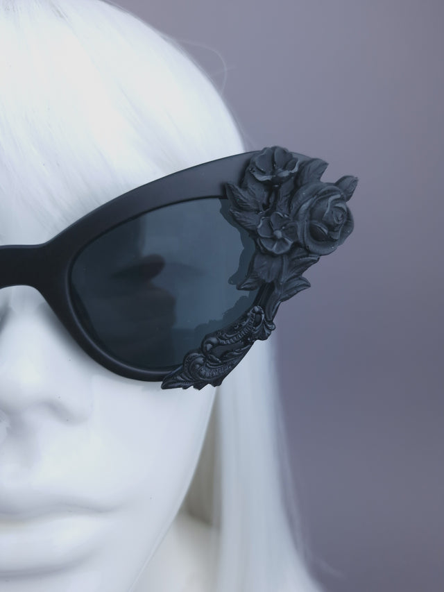 Pearls & Swine: Black Filigree & Rose Cat Eye Sunglasses "Rose Noire"
